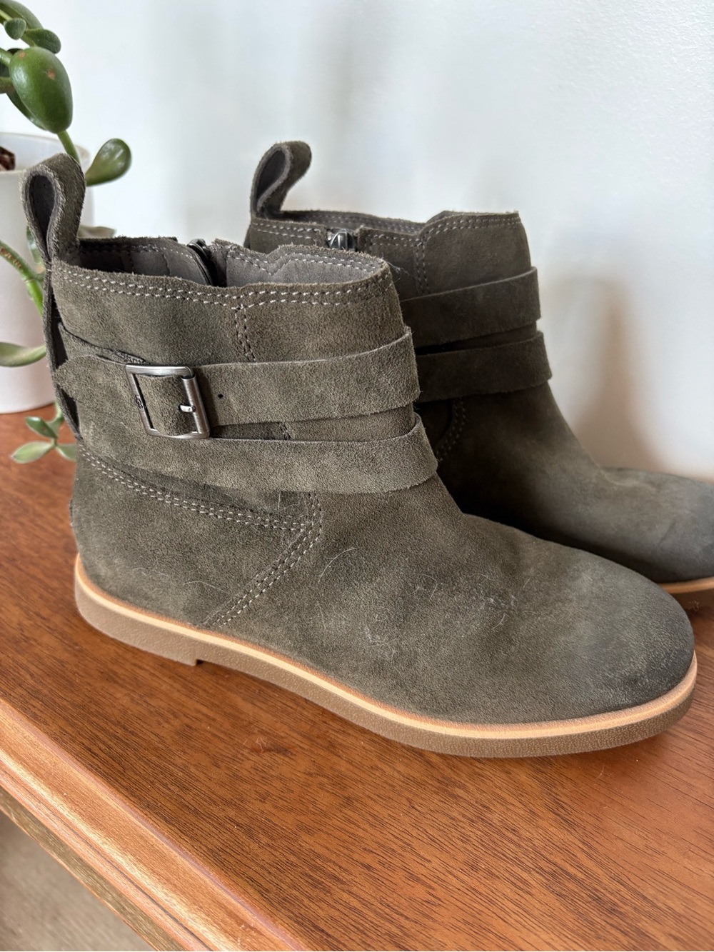 UGG Olive Green Suede Ankle Boots with Buckle Strap